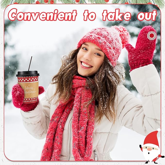 Remerry 100 Sets 400 Pcs 12 oz Christmas Disposable Coffee Cups with Lid, Straws and Sleeves Snowflake Reindeer Snowman Paper Cups Xmas Party Supplies for Hot Drink Cold Beverage(Classic Style)