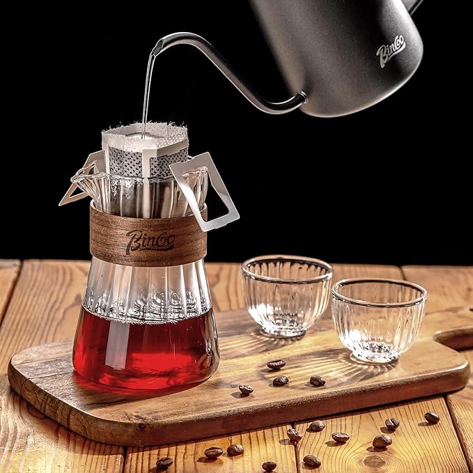 Small Glass Coffee Server Set of 2 - Manual Pour Over Coffee Maker 16oz, Borosilicate Glass Coffee Carafe with Heat-Resistant Wood Ring,2 Pack