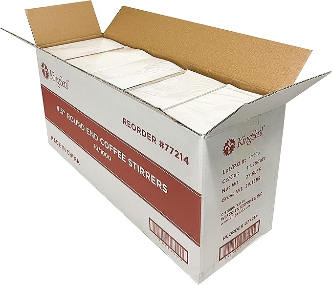 10,000 Count | KingSeal Natural Birch Wood Coffee Beverage Stirrers, Stir Sticks, Waxing Sticks, Popsicle Sticks, 4.5 Inches, Round End - 10 Boxes x 1000 Stirrers