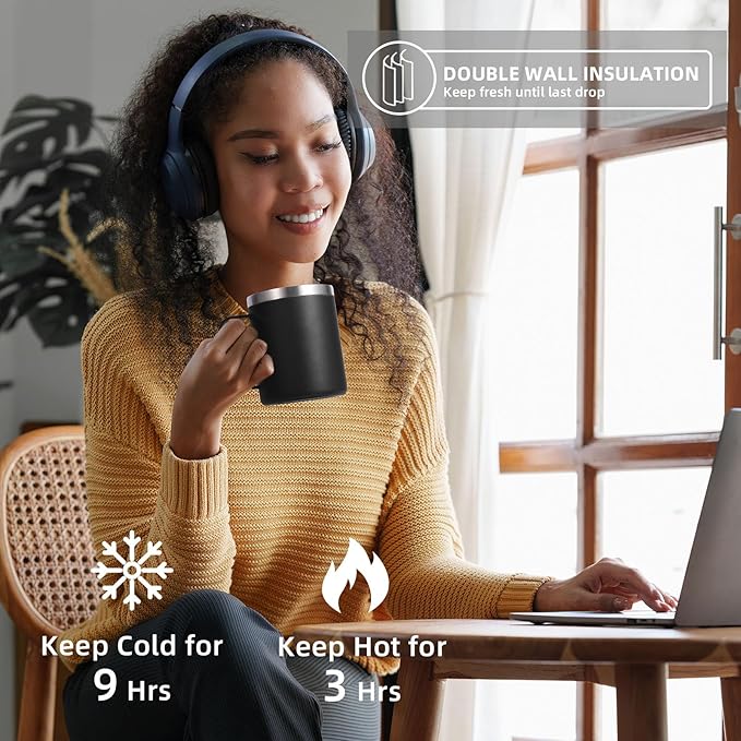 Volhoply 12oz Insulated Leakproof Coffee Mug with Flip & Straw Lid Bulk 8 Pack,Double Wall Vacuum Stainless Steel Travel Tumbler Cup with Handle,Reusable Camping Keep Cold/Hot(Black,8 Set)