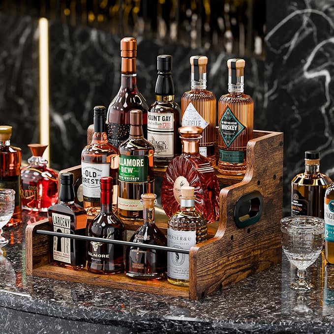 KLM Liquor Bottle Display Shelf, Coffee Syrup Rack Organizer, 3 Step Countertop Wine Rack, Mini Bar, Retro Bar Shelf Stand for Whiskey, Spirits