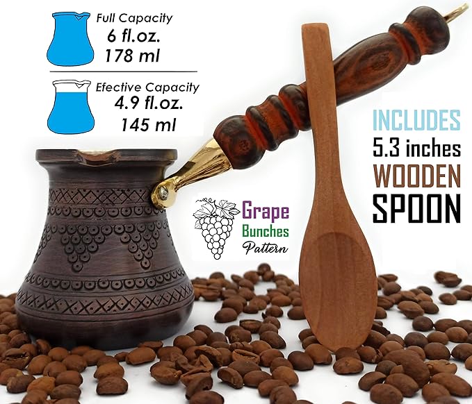 PCZ Series (Small-6 fl.oz) Thickest Solid Copper Engraved/Stamped Turkish Greek Arabic Coffee Pot with Wooden Handle, Stovetop Coffee Maker Cezve Jezve Jazva Jazzve Ibrik Briki (Antique)