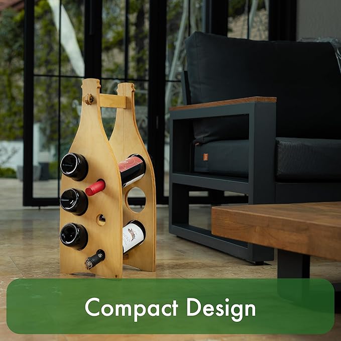 KAKALI Freestanding Wooden Wine Rack - Wood Wine Bottle Rack - Free Standing Bottle Storage - Countertop Racks for Bottles - House Warming Gifts for Casual Drinkers, 6 Bottle Storage