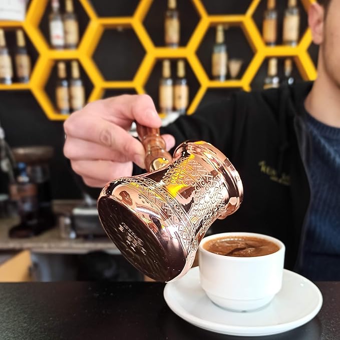 PCZ Series (Small-6 fl.oz) - Thickest Solid Copper Engraved/Stamped Turkish Greek Arabic Coffee Pot with Wooden Handle, Stovetop Coffee Maker Cezve Jezve Jazva Jazzve Ibrik Briki (Shiny)