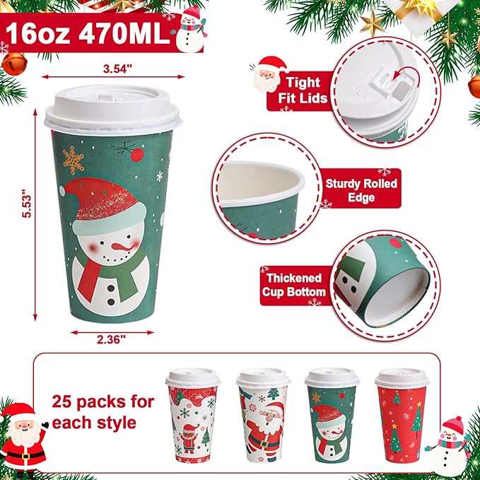 SIUQ 100 Pack 16 oz Christmas Disposable Coffee Cups with Lids, Thickened Christmas Paper Cups for Hot/Cold Beverage, Tea, Coffee, Hot Chocolate, Xmas Party Cups Ideal for Home, Cafes, Store, Holiday