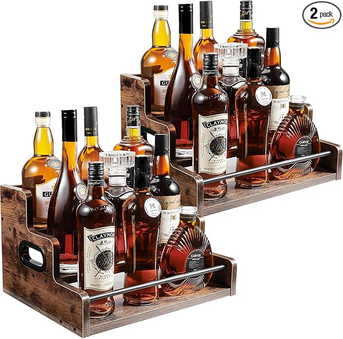 Liquor Bottle Display Shelf 2 Pack - 3 Tier Countertop Organizer for Whiskey, Wine & Coffee Syrups, Space Saving Bar Cabinet Storage for Home, Mini Bar
