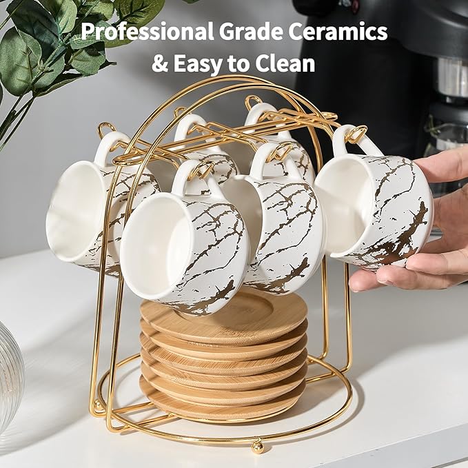LUKA Ceramic Espresso Cups with Saucers and Metal Stand, Small 4 oz Porcelain Demitasse Cups Set of 6, Cute Cappuccino Coffee Cups for Double Espresso, Tea, Marbling White