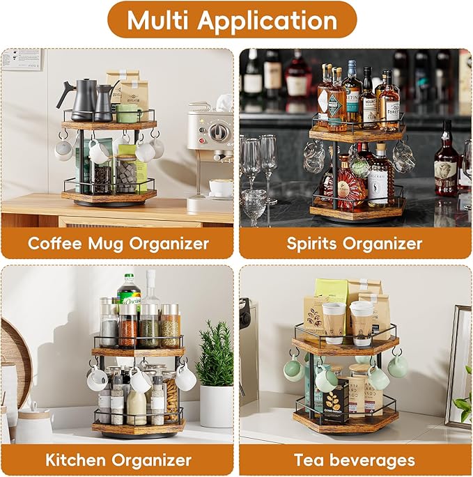 KLM 2 Tier Coffee Bar Organizer Countertop Station Shelf for Home Office, Multi-Functional Coffee Mug Cup Holder Stand, Accessory Storage Rack with 6 Hooks, 360° Rotated Coffee Cup Holder for Counter