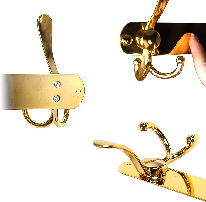 Dseap Coat Rack Wall Mounted - 5 Tri Hooks, Heavy Duty, Stainless Steel, Metal Coat Hook Rail for Coat Hat Towel Purse Robes Mudroom Bathroom Entryway (Gold, 2 Packs)