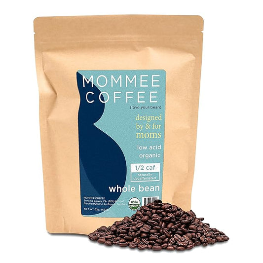 Mommee Coffee - Half Caf | Low Acid, Organic, Fair Trade, Water Processed | Whole Bean, 22 oz.