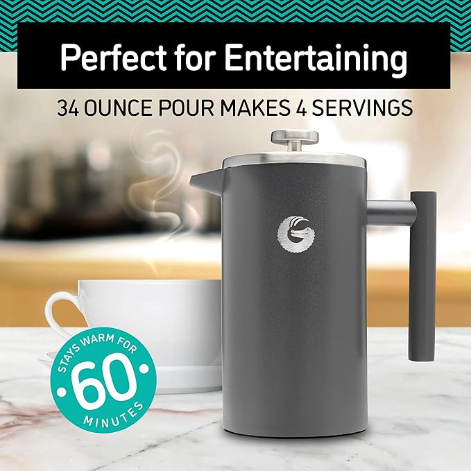 Coffee Gator 304 Grade Stainless Steel French Press Coffee Maker 34 oz, Double Wall Insulated Hot Cold Brew Teapot with 4-Level Filtration System, Include Travel Jar Canister, Rust-Free, Travel, Black