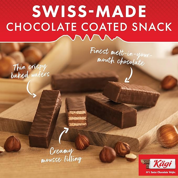 Swiss Milk Chocolate Covered Mini Wafers with Hazelnut Cream Filling by Kägi, Crispy Coated Sweet Snacks, Premium Individually Wrapped Treats, Chocolates Gifts, 3 Pack of 125g Bags