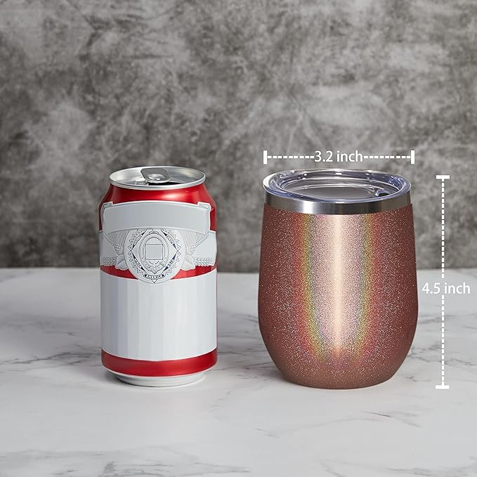 MEWAY 12oz/4 Pack Wine Tumbler Glasses with Lid - Stemless Double Wall Vacuum Stainless Steel Glitter Tumbler - Keeping Cold & Hot Cup for Coffee,Gift for Women(Rainbow Rose Gold,Set of 4)