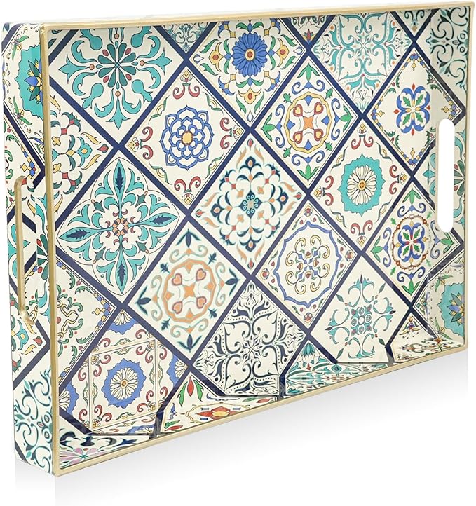 Gifturbo Serving Tray with Handles, Plastic Decorative Rectangular Tray for Coffee Table, Living Room, Home Decor, Outdoor Trays,Serving Breakfast Kitchen Platter,Boho