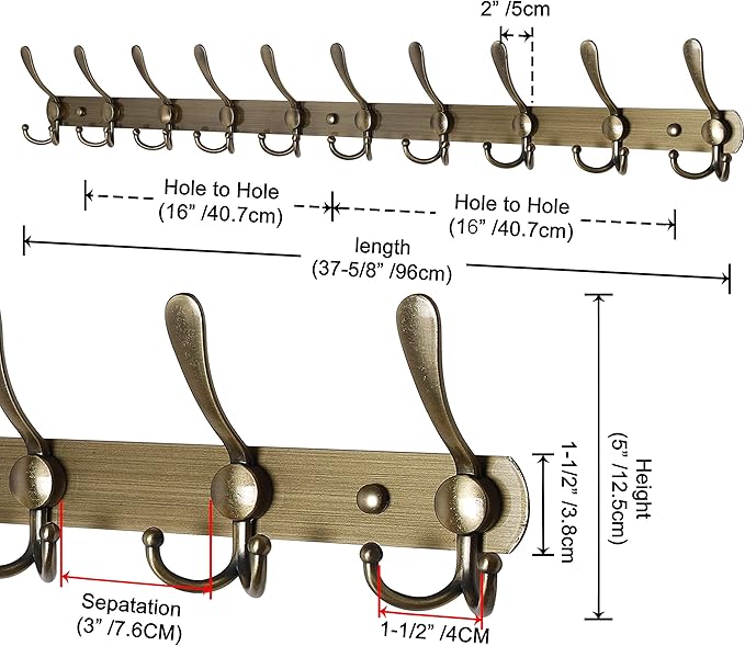 Dseap Coat Rack Wall Mount - 38” Long 10-Tri-Hooks Heavy Duty Coat Hanger Rail Wall Hooks for Hanging Coats Hats Clothing Clothes Purse Mudroom Entryway, Bronze
