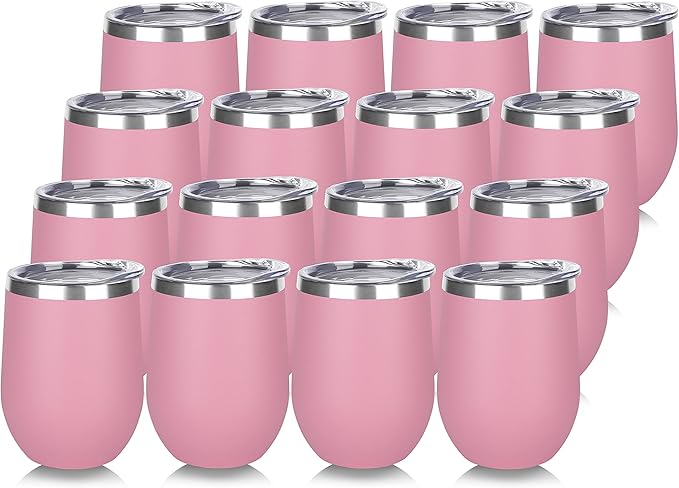 DOMICARE Stainless Steel Wine Tumbler Bulk with Lid, Personalized Insulated Tumblers Set, 12oz Travel Coffee Cups Pack of 16, Pink