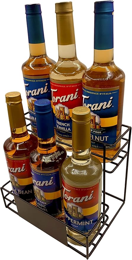Liquor Organizer Coffee Syrup Rack - Premium Wine Bottle Rack, bar Organizer Shelf Holder Syrup Stand Display for dressings, and Cocktail Mixers - 6 Bottle Capacity (Black)