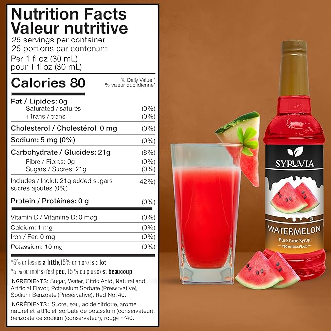 Syruvia Watermelon Syrup, Flavored Syrup for Drinks, Cocktails, Lemonades, Iced Teas, and Desserts – 25.4 fl oz