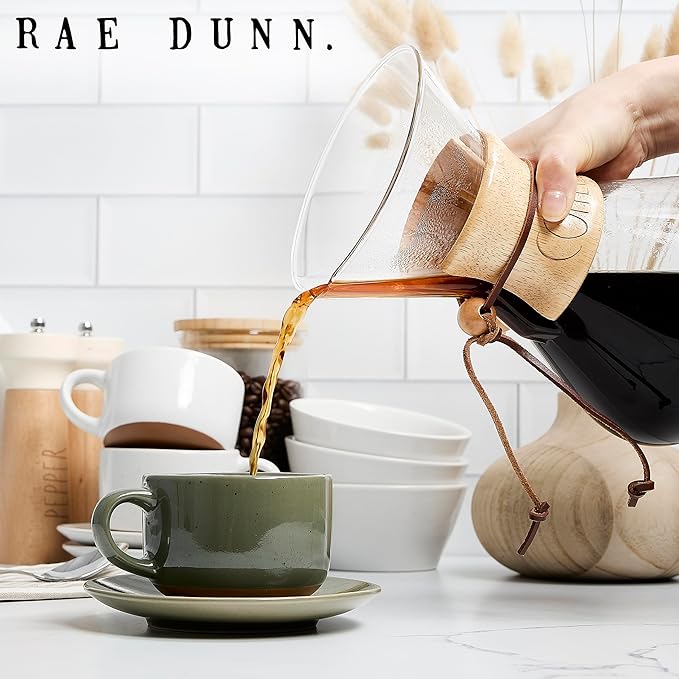 Rae Dunn Glass Pour Over Coffee Maker, 34oz Carafe with Reusable Stainless-Steel Filter and Elegant Bamboo Finish, Great for Brewing Coffee