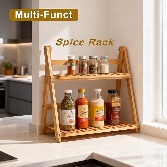 Coffee Station Organizer, Matcha Station, Foldable Bamboo Mug Holder for Countertop, Tea & Coffee Bar Accessories, 2 Tier Shelf for Kitchen Counter Organizer, Matcha Stand, Spice Rack