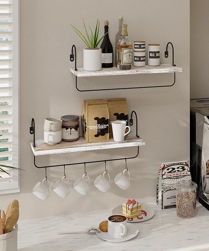 Coffee Mug Holder, Coffee Bar Shelf with Hooks Wall Mount Cup Organizer Mug Racks Pods Storage Hanger Farmhouse Kitchen Decor, White