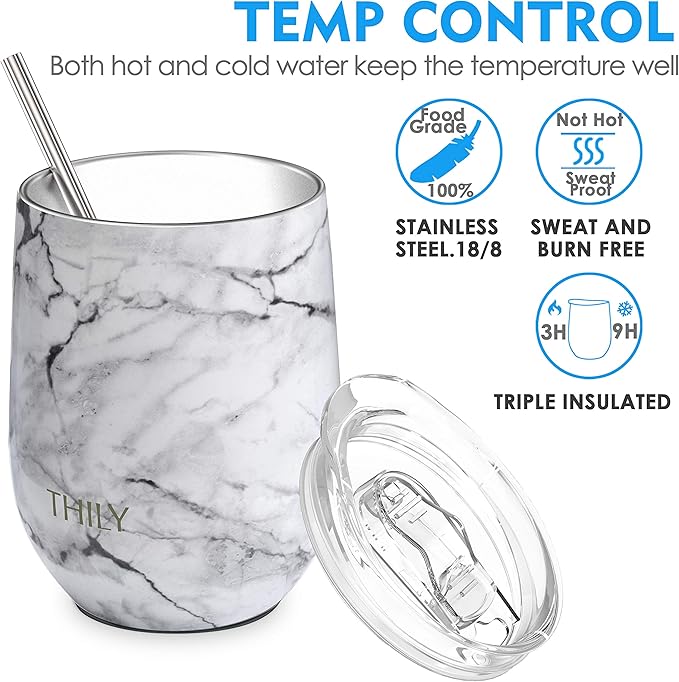 THILY Stainless Steel Stemless Wine Tumbler 4 Pack Vacuum Insulated Travel Wine Glasses Set with Sliding Lids and Straws, Keep Cold for Juice, Cocktails, Beer, Party, Christmas Gift, White Marble