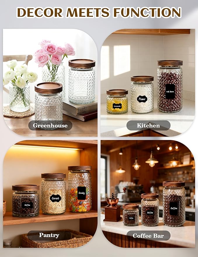 Glass Jar with Wood Lid and Label - 24 OZ Small Kitchen and Pantry Storage Container for Countertop, Airtight Decorative Vintage Canister for Candy, Cookie, Treat, Sugar, Coffee, Tea