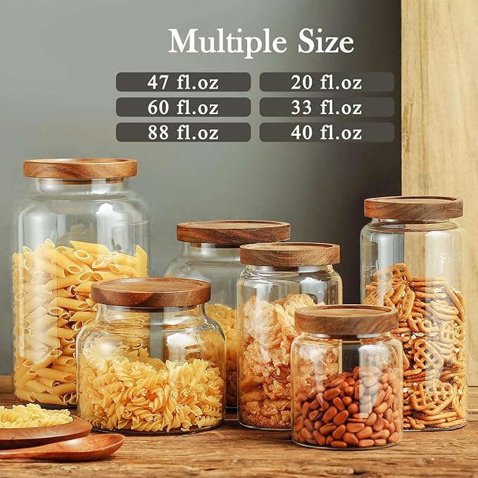 Labina Glass Storage Container Airtight Food Jars Kitchen Canister with Wood Lids, 60 Oz Wide Mouth Pantry Organization Glass Jar for Flour, Sugar, Cookie, Spagetti, Nuts and Candy (2 Pack)