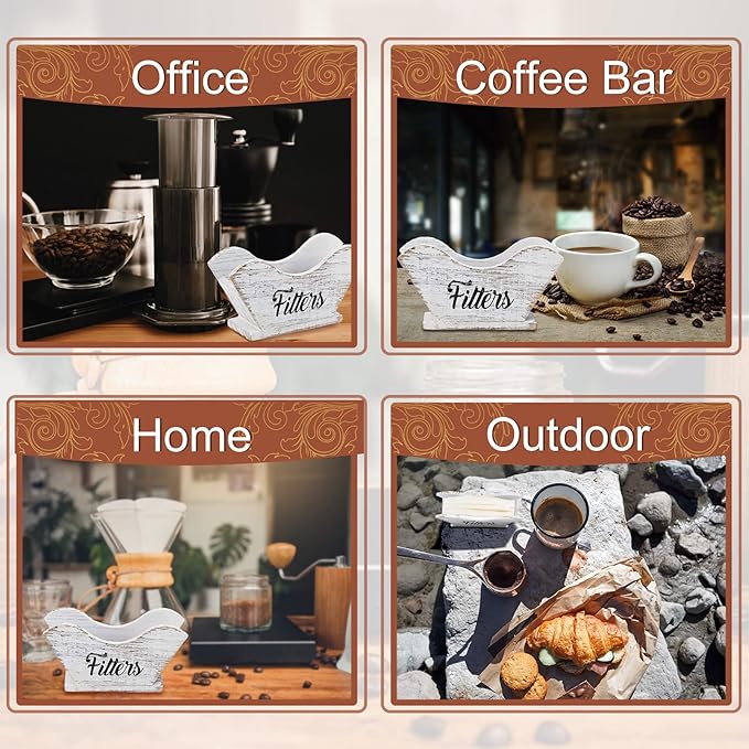 Juexica Farmhouse Cone Coffee Filter Holder Storage number 4 Rustic Wood Holder Organizer Counter Mount for Square Cone Shaped Flat Bottomed Paper(White)