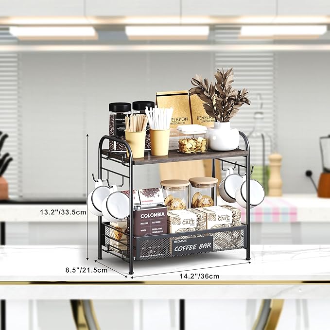 Coffee Bar Organizer for Countertop Station, Simple Assembly 2 Tier Shelf for Home,Office, Coffee Cup Holder Storage Organization for Counter Accessory Storage Rack with 4 Hooks Space-Saving