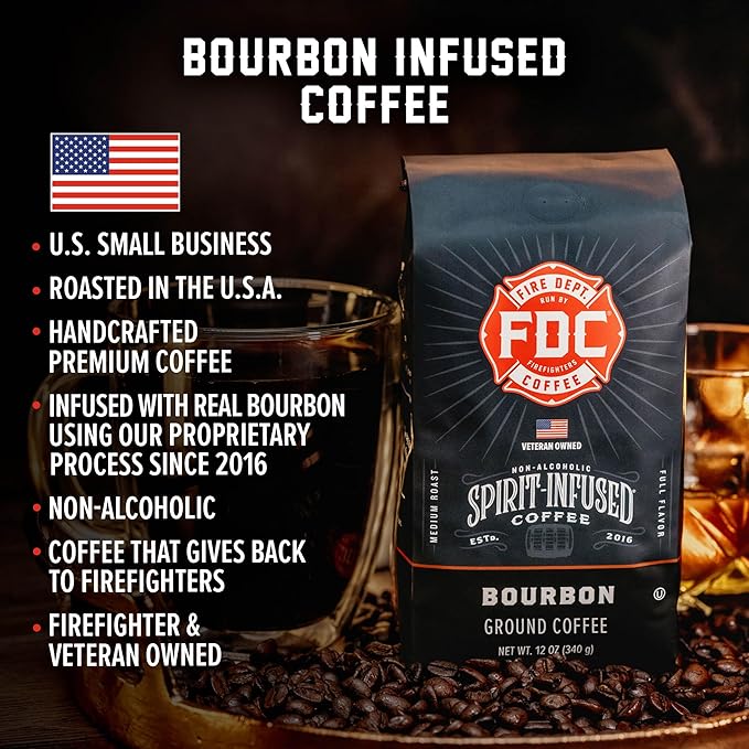 Fire Department Coffee - Bourbon Coffee - Gives Back to Firefighters - Premium Bourbon Infused Grounds - Medium Roast - Non-Alcoholic - Roasted in the USA - Veteran Owned - 12 oz