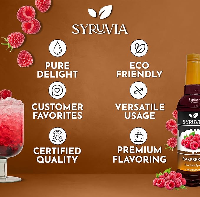 Syruvia Raspberry Syrup, Flavored Syrup for Drinks, Cocktails, Lemonades, Iced Teas, and Desserts – 25.4 fl oz
