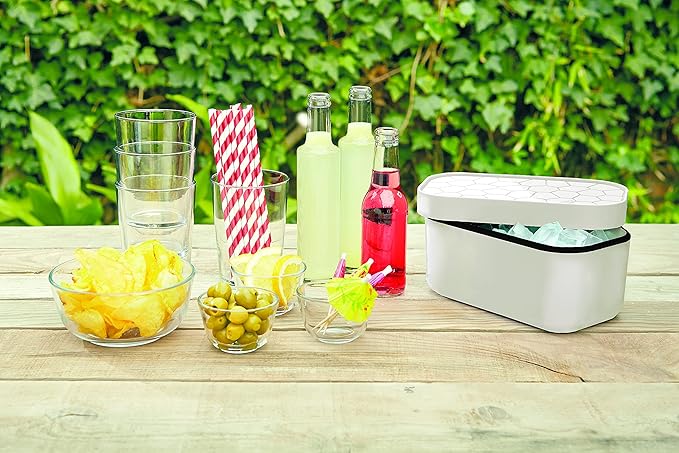 Lékué Ice Box | Ice Cube Tray For Freezer With Lid & Bin | Made With 100 Percent Platinum Silicone | Elegant And Retro Style Ice Cubes | For Cocktails, Ice Tea & Coffee And More | White