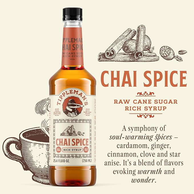 Tippleman's Chai Spice Coffee Syrup - Rich Flavor for Hot or Iced Drinks, Latte, Tea, Espresso, Cappuccino, Cocktails, & Baking - 25.4 Fl Oz
