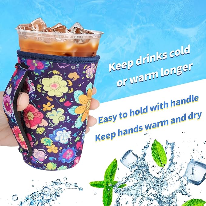 3 Pack Iced Coffee sleeve Insulated Neoprene Cup Sleeves with handle For Cold Drinks Beverages, Reusable Cup Holder for 16oz-32oz Coffee Cups (Honeycomb Buzz)