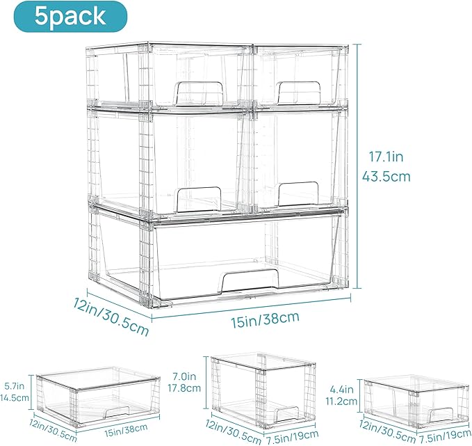 Vtopmart Clear Stackable Storage Drawers Set of 5, Easily Assemble Acrylic Bathroom Undersink Organizers,Plastic Storage Bins for Closet,Cabinet,Pantry,Medicine Organization