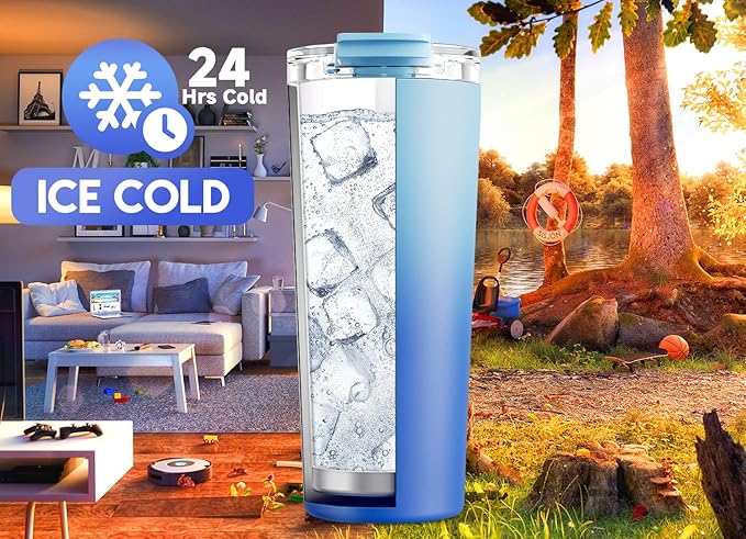 Meoky 24 oz Travel Coffee Mug with Leak-proof Lid, Stainless Steel Insulated Coffee Tumbler, Keeps Hot for 8 Hours or Cold for 24 Hours, Fits in Car Cup Holder (Sky)
