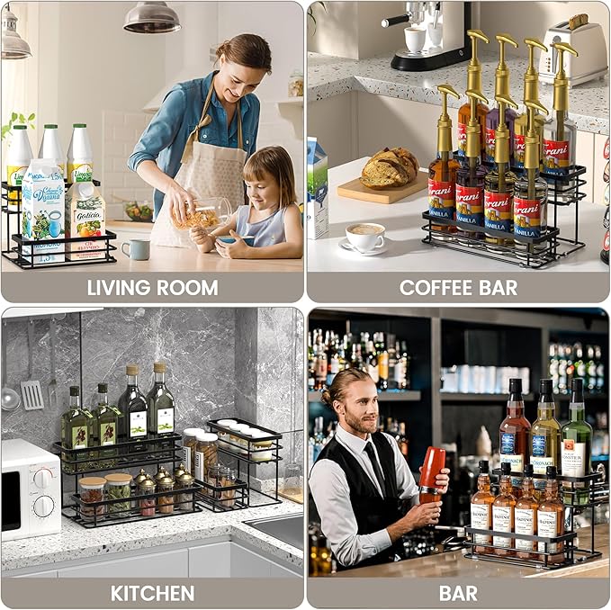 Coffee Syrup Rack Organizer, Syrup Bottle Holder Stand for Coffee Bar, 2-Tier 8 Bottles Storage Shelves for Syrup, Wine, Dressing for Kitchen Countertop (8 Bottles Black)