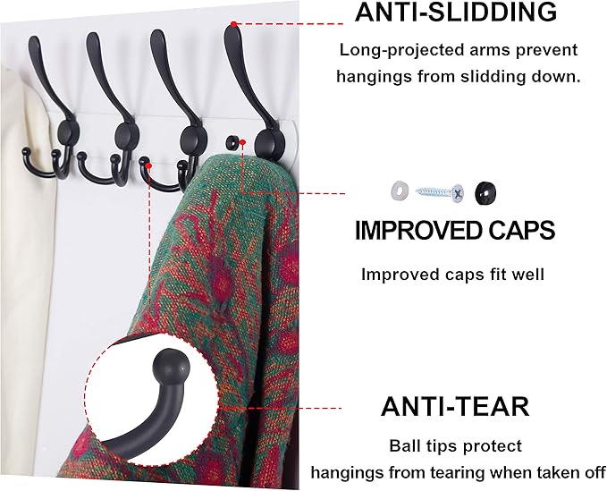 Dseap Wall Mounted Coat Rack - 5 Tri Hooks, Heavy Duty, Stainless Steel, Metal Coat Hook Rail for Coat Hat Towel Purse Robes Mudroom Bathroom Entryway,White & Black