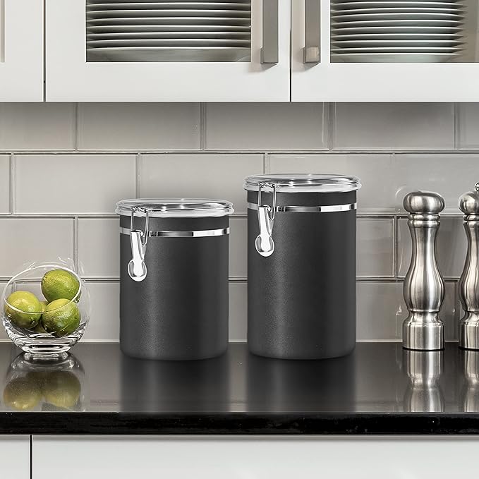 Oggi Stainless Steel Kitchen Canister 47 fl oz, Black - Airtight Clamp Lid, Clear See-Thru Top - Ideal for Kitchen Storage, Food Storage, Pantry Storage. Large Size 5" x 6".