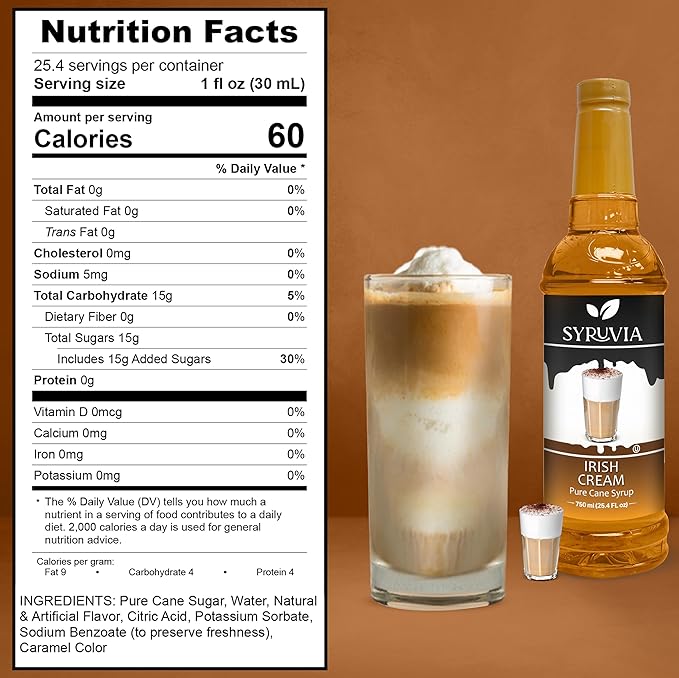 Syruvia Coffee Syrup, Irish Cream Flavored Syrup for Drinks, Lattes, and Desserts – 25.4 fl oz, With Pump