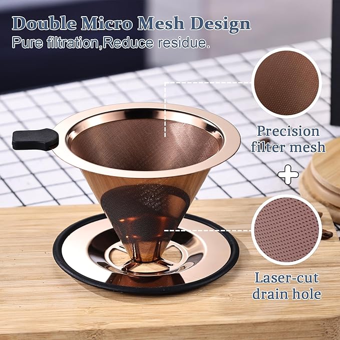 Small Size Pour Over Coffee Dripper, Stainless Steel Metal Cone Drip Coffee Filter, Paperless and Permanently Reusable, Double Mesh Coffee,TeaFilter for 1-2 Cups