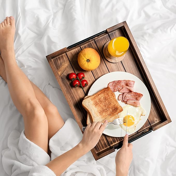 Ottoman Serving Tray | Decorative Coffee Table Tray with Handles – 17x13 Inch Wooden Tray with 4 Coasters for Breakfast, Kitchen & Bar