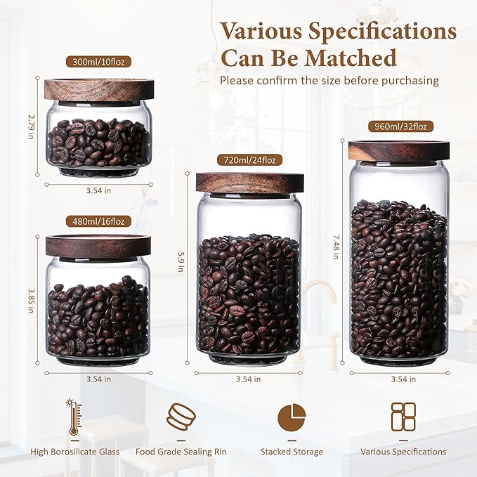 480ML/16Oz Clear Cute Glass Storage Canister Holder with Stackable Airtight Wood Lid, Modern Decorative Small Container Jar for Coffee, Spice, Candy, Salt, Cookie, Condiment, Pepper, Sugar