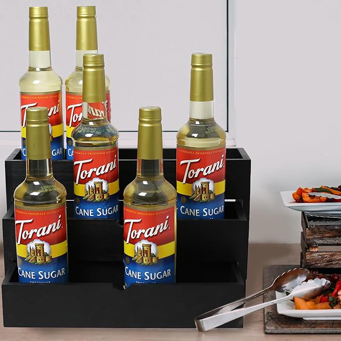 Black Wood Coffee Syrup Rack Organizer, 3-Tier Separated Bottle Holder for Coffee Bar, 12 Bottle(750ml) Storage Stand for Syrup, Wine, Dressing