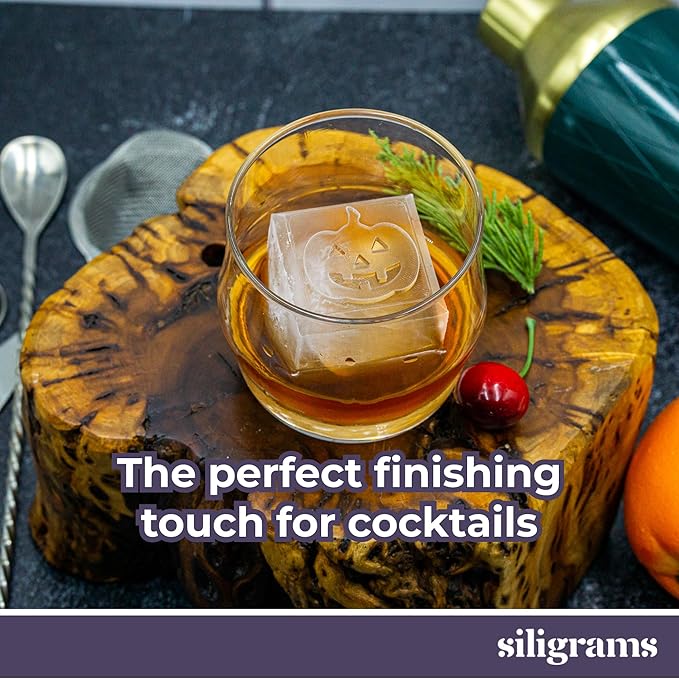 SILIGRAMS - Halloween Ice Cube Mold Tray - Bartender 2" Cocktail Ice Tray Molds for Whiskey - Custom Personalized Ice Cube Mold - Monogram Designer Ice Tray - Reusable Silicone Ice Trays