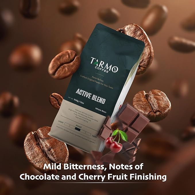 TARMO - ACTIVE BLEND | Low Acid ARABICA & ROBUSTA BLEND Whole Bean Coffee | Specialty Vietnamese Coffee | Single Origin Medium Roast | Premium Espresso Beans, 12 Oz Bag