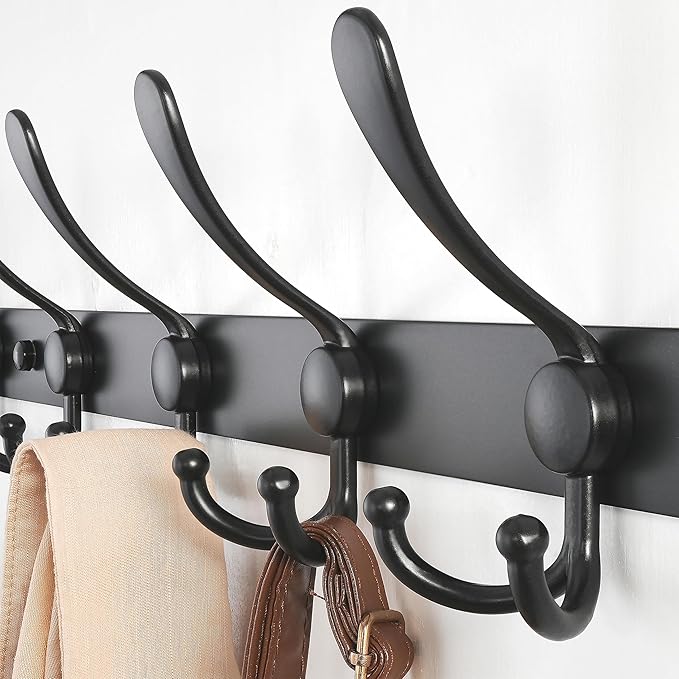 Dseap Coat Rack Wall Mount - 29.5” Long 8-Tri-Hooks Heavy Duty Coat Hanger Rail Wall Hooks for Hanging Coats Hats Clothing Clothes Purse Mudroom Entryway, Black, Pack of 2