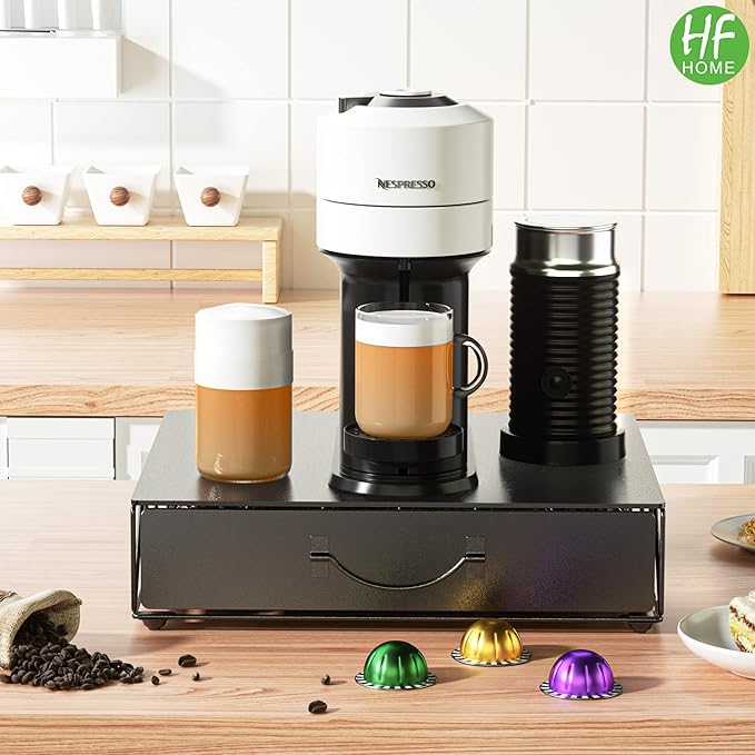 HFHOME Coffee Pod Drawer, 48 Vertuoline Coffee Pods Holder, Pods Storage Drawer Holder for 36 K Cup, Metal Coffee Station for Nespresso Vertuo Capsules for Home Office Counter, Black