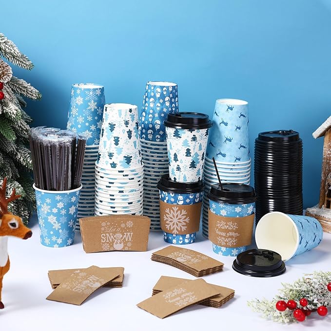 Remerry 100 Sets 400 Pcs 12 oz Christmas Disposable Coffee Cups with Lid, Straws and Sleeves Snowflake Reindeer Snowman Paper Cups Xmas Party Supplies for Hot Drink Cold Beverage(Snowflake Style)